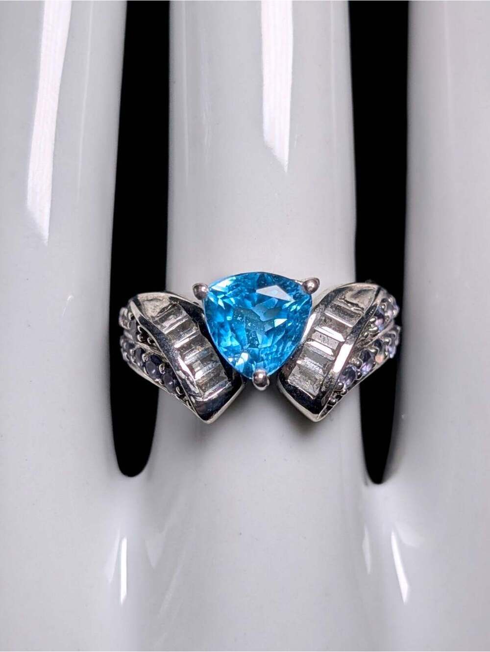 Vintage Genuine Swiss Blue Topaz Solitaire with White Topaz Sterling Silver Ring